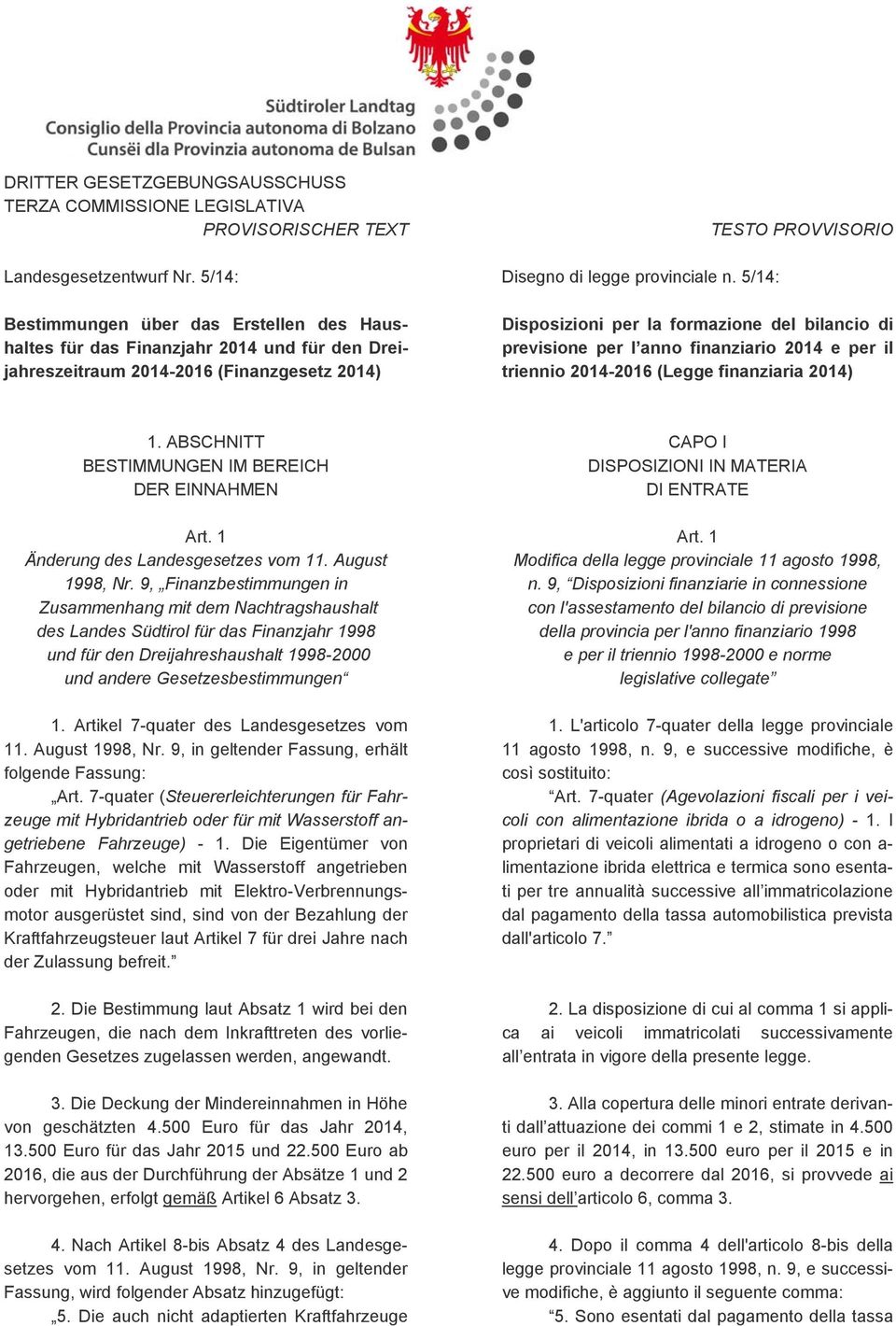 l anno finanziario 2014 e per il triennio 2014-2016 (Legge finanziaria 2014) 1. ABSCHNITT CAPO I BESTIMMUNGEN IM BEREICH DER EINNAHMEN DISPOSIZIONI IN MATERIA DI ENTRATE Art. 1 Art.