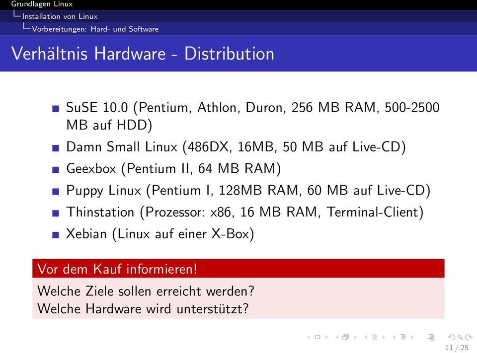 (Pentium II, 64 MB RAM) Puppy Linux (Pentium I, 128MB RAM, 60 MB auf Live-CD) Thinstation (Prozessor: x86, 16 MB RAM,