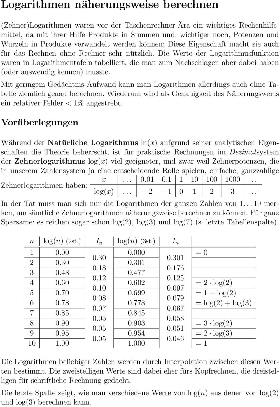 Die Werte der Logarithmusfunktion waren in Logarithmentafeln tabelliert, die man zum Nachschlagen aber dabei haben (oder auswendig kennen) musste.