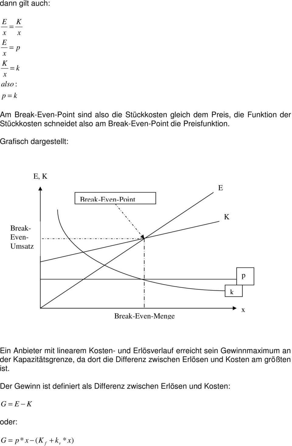 Grafisch dargestellt: E, Break-Even-Point E Break- Even- Umsatz p k Break-Even-Menge Ein Anbieter mit linearem osten- und Erlösverlauf