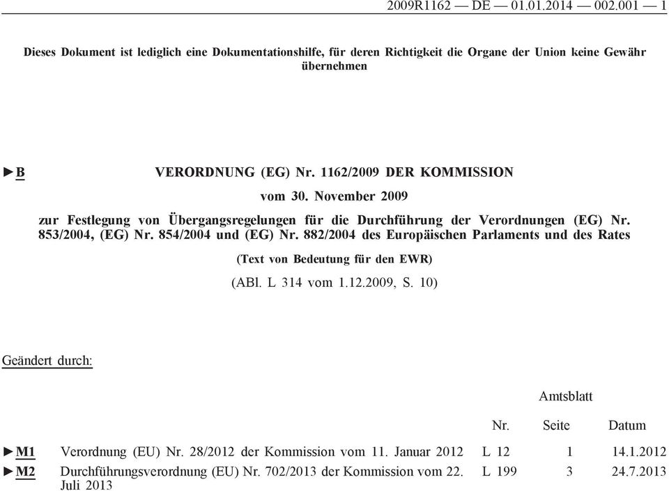 1162/2009 DER KOMMISSION vom 30. November 2009 zur Festlegung von Übergangsregelungen für die Durchführung der Verordnungen (EG) Nr. 853/2004, (EG) Nr. 854/2004 und (EG) Nr.
