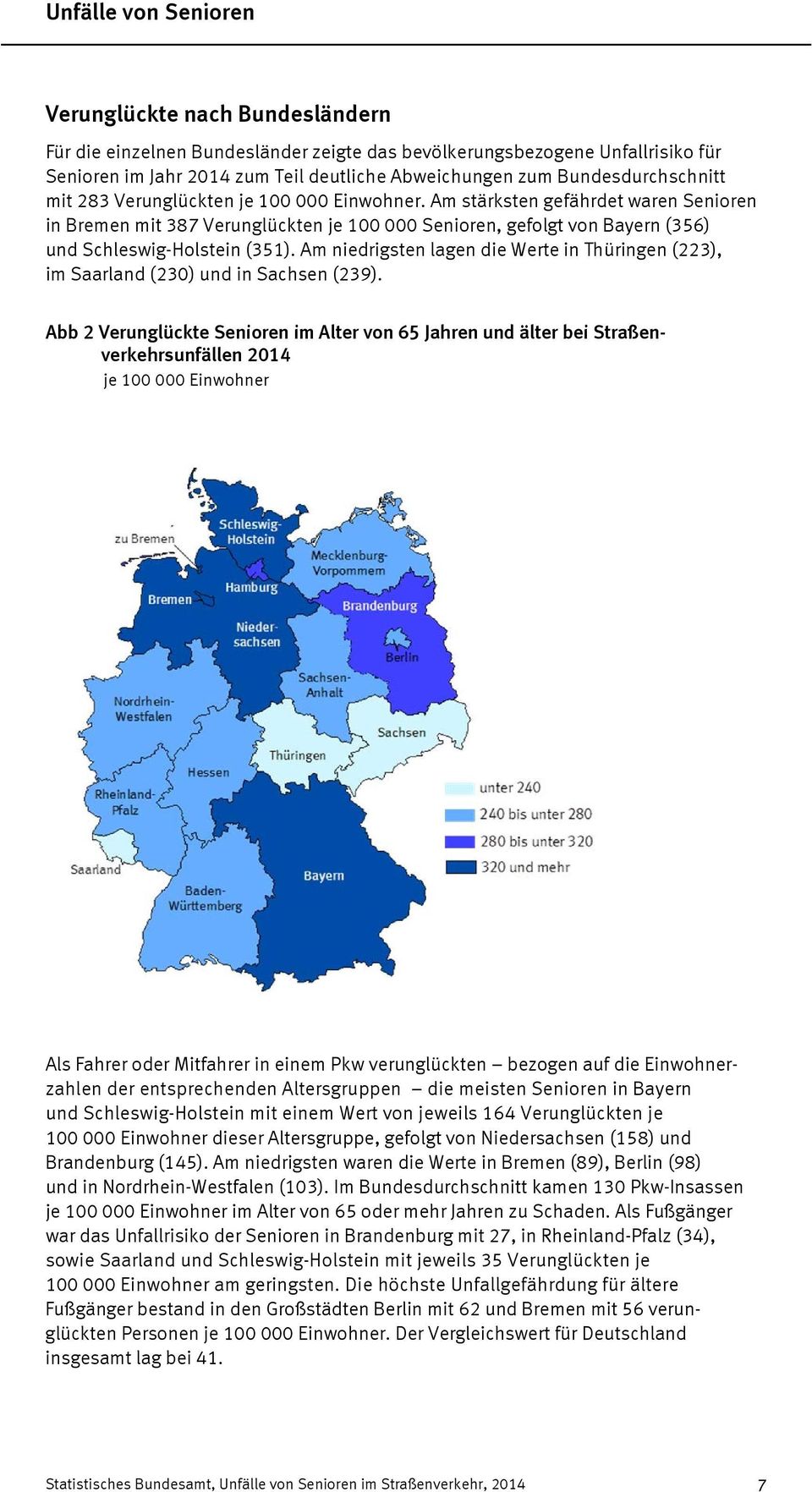 Am stärksten gefährdet waren Senioren in Bremen mit 387 Verunglückten je 100 000 Senioren, gefolgt von Bayern (356) und Schleswig-Holstein (351).