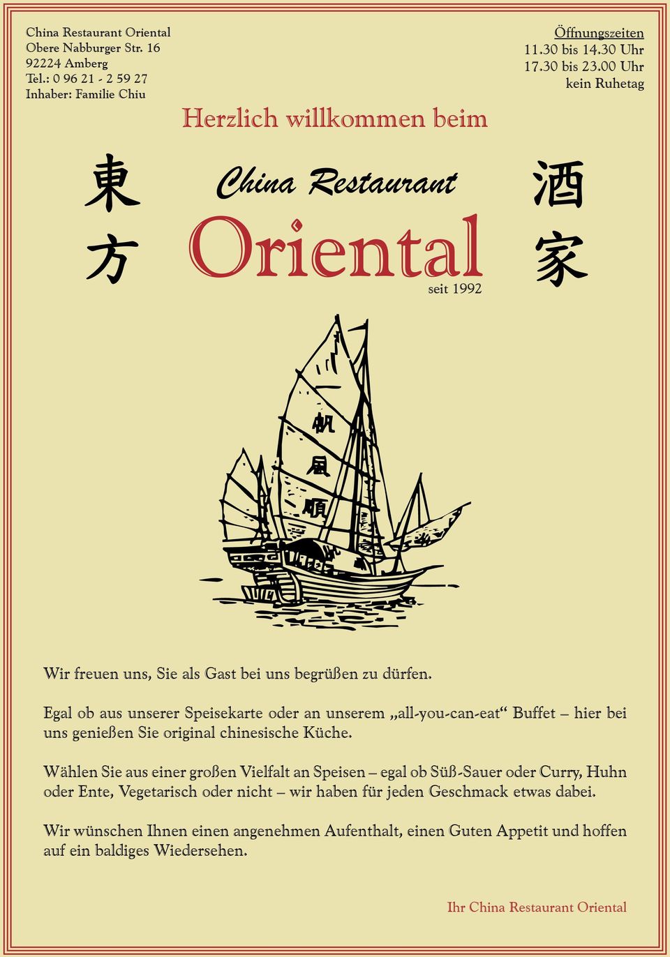 Egal ob aus unserer Speisekarte oder an unserem all-you-can-eat Buffet hier bei uns genießen Sie original chinesische Küche.