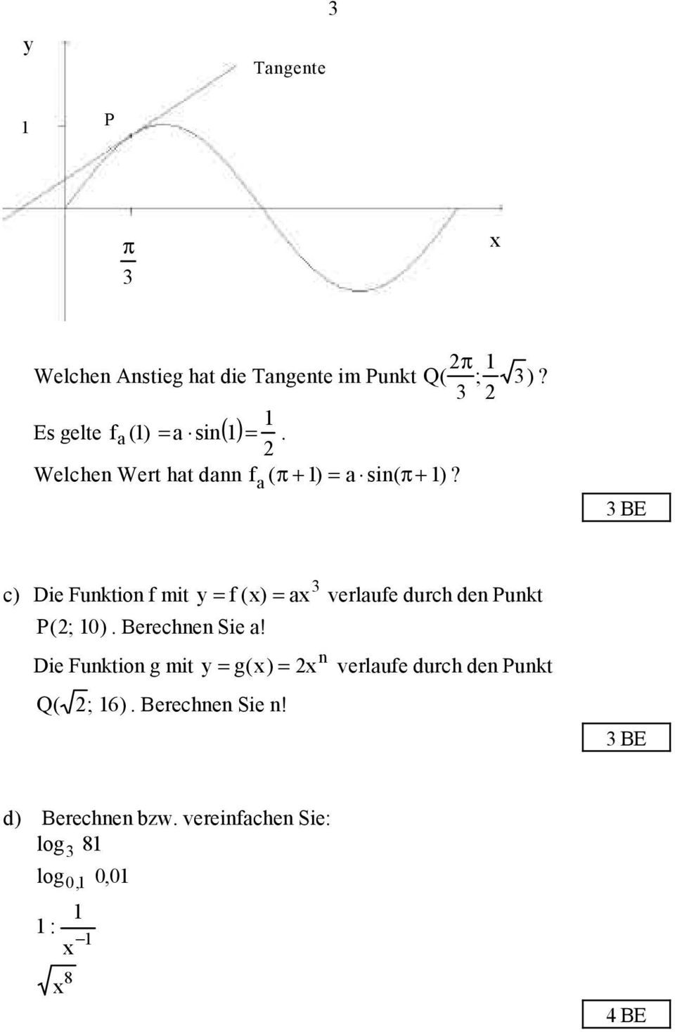 c) Die Funktion f mit y = f () = a verlaufe durch den Punkt P (2; 0). Berechnen Sie a!