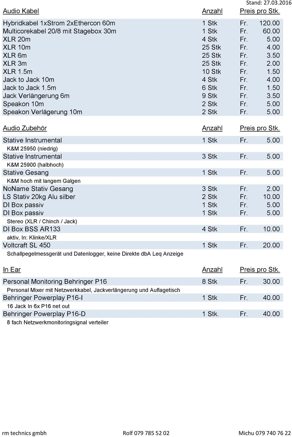 00 Speakon Verlägerung 10m 2 Stk Fr. 5.00 Audio Zubehör Anzahl Preis pro Stk. Stative Instrumental 1 Stk Fr. 5.00 K&M 25950 (niedrig) Stative Instrumental 3 Stk Fr. 5.00 K&M 25900 (halbhoch) Stative Gesang 1 Stk Fr.