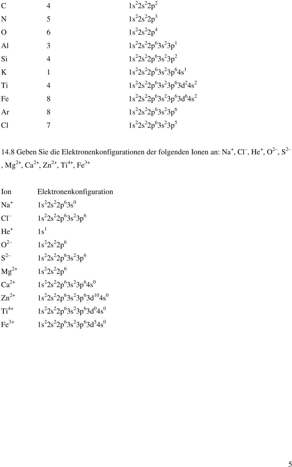 8 Geben Sie die Elektronenkonfigurationen der folgenden Ionen an: Na +, Cl, He +, O, S, Mg +, Ca +, Zn +, Ti 4+, Fe 3+ Ion