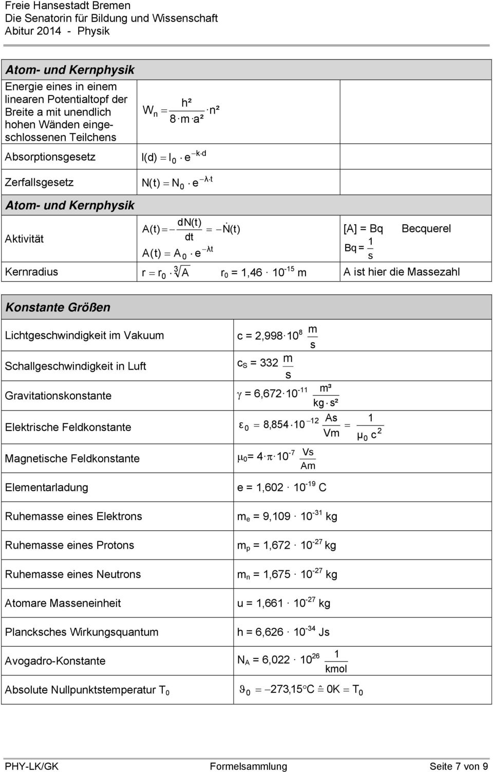 c S = Gavitationkontante = 6,67 - ³ kg ² A Elektiche Feldkontante ε 8,854 V μ c Magnetiche Feldkontante = 4-7 V A Eleentaladung Ruheae eine Elekton Ruheae eine Poton Ruheae eine Neuton Atoae