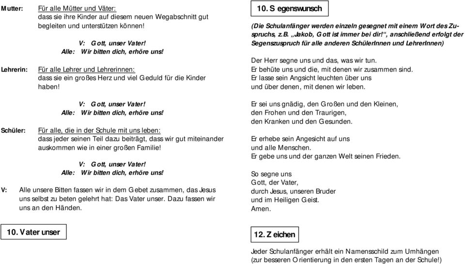 , anschließend erfolgt der Segenszuspruch für alle anderen SchülerInnen und LehrerInnen) Der Herr segne uns und das, was wir tun. Er behüte uns und die, mit denen wir zusammen sind.