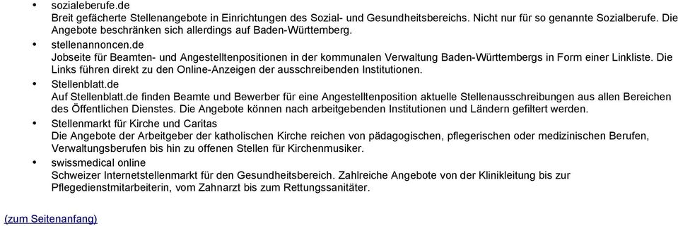 de Jobseite für Beamten- und Angestelltenpositionen in der kommunalen Verwaltung Baden-Württembergs in Form einer Linkliste.