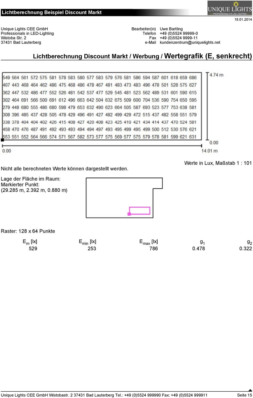 Werte in Lux, Maßstab 1 : 101 Lage der Fläche im Raum: Markierter Punkt: (29.285 m, 2.392 m, 0.