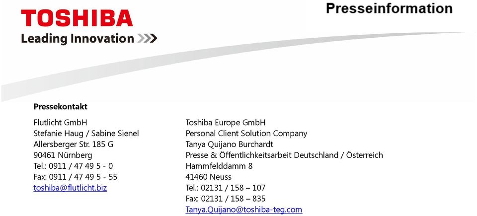 biz Toshiba Europe GmbH Personal Client Solution Company Tanya Quijano Burchardt Presse &