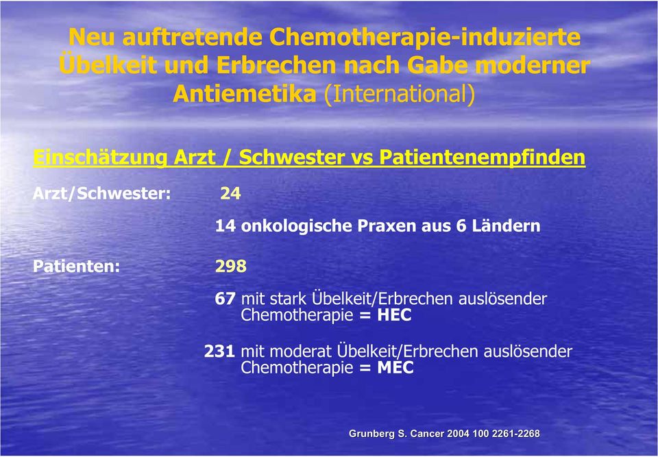 14 onkologische Praxen aus 6 Ländern 67 mit stark Übelkeit/Erbrechen auslösender Chemotherapie = HEC