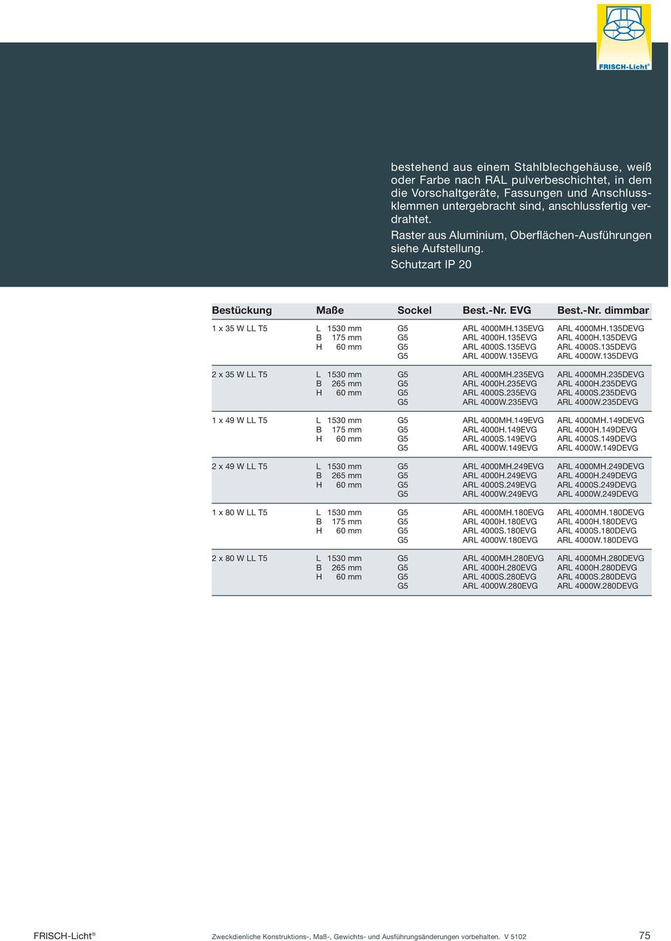 235DEVG H 60 mm G5 ARL 4000S.235EVG ARL 4000S.235DEVG G5 ARL 4000W.235EVG ARL 4000W.235DEVG 1 x 49 W LL T5 L 1530 mm G5 ARL 4000MH.149EVG ARL 4000MH.149DEVG B 175 mm G5 ARL 4000H.149EVG ARL 4000H.