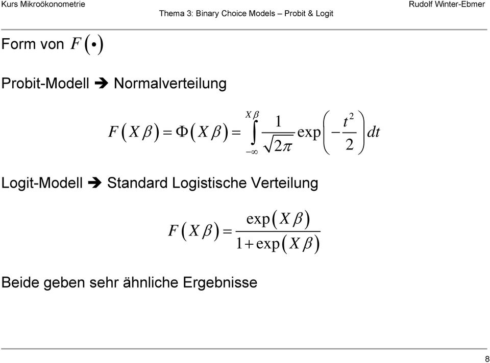 Standard Logistische Verteilung ( β ) F X exp = 1 +