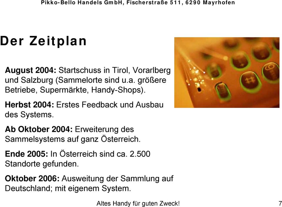 Ab Oktober 2004: Erweiterung des Sammelsystems auf ganz Österreich. Ende 2005: In Österreich sind ca. 2.500 Standorte gefunden.