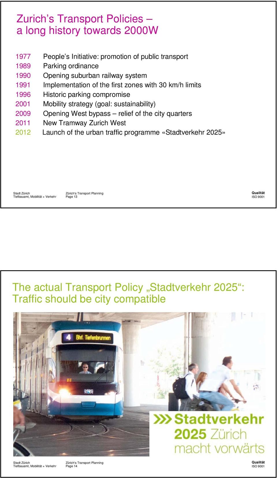 Mobility strategy (goal: sustainability) 2009 Opening West bypass relief of the city quarters 2011 New Tramway Zurich West 2012 Launch of
