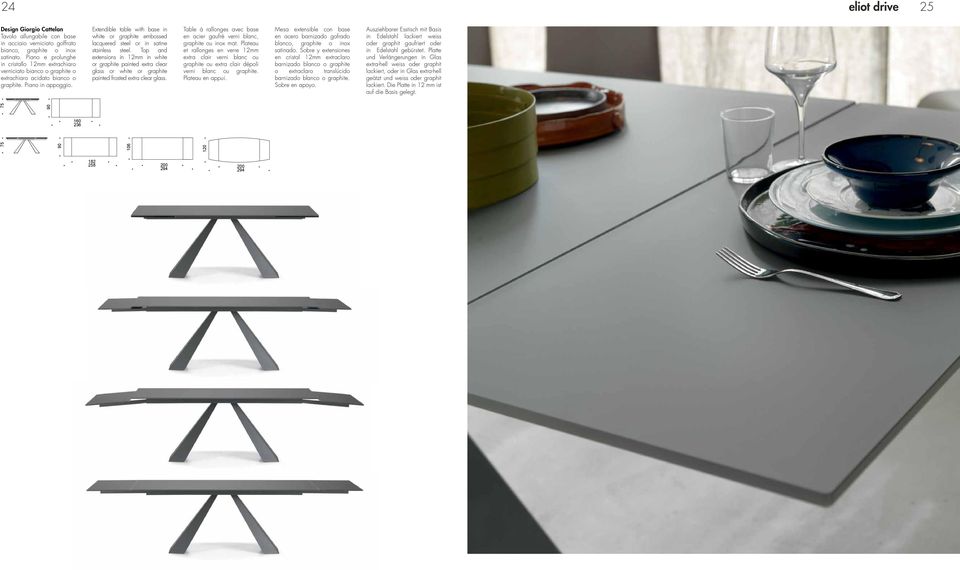 Extendible table with base in white or graphite embossed lacquered steel or in satine stainless steel.