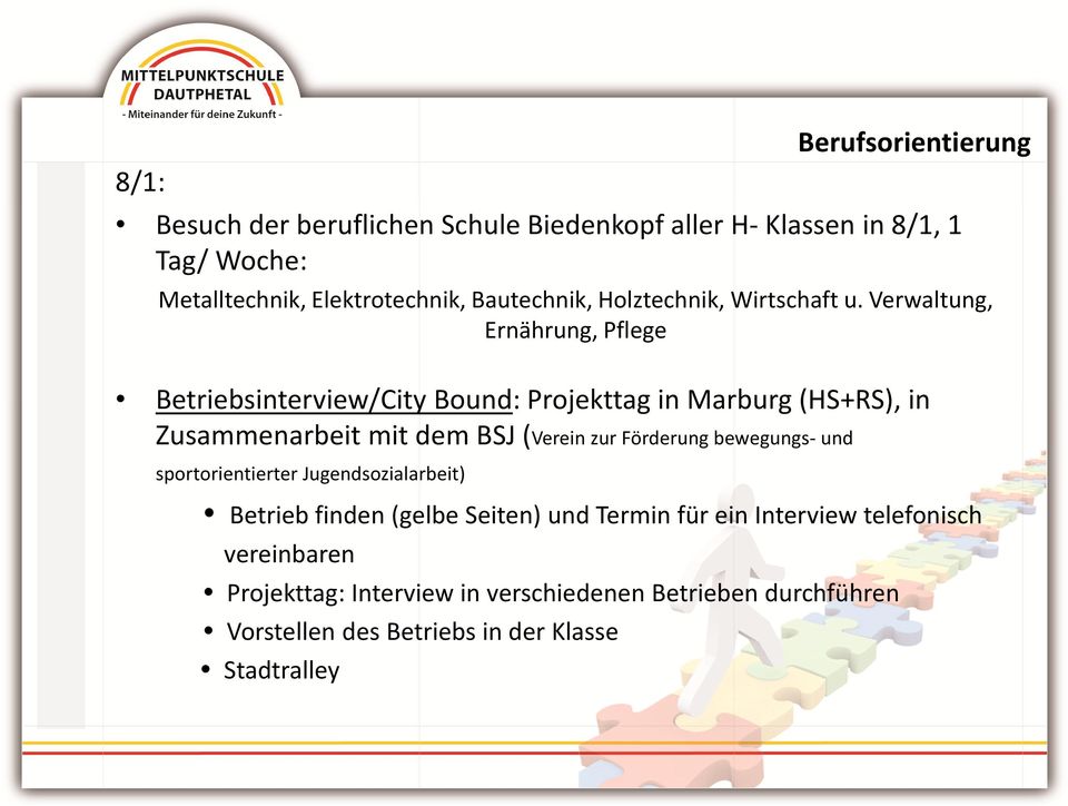 Verwaltung, Ernährung, Pflege Betriebsinterview/City Bound: Projekttag in Marburg (HS+RS), in Zusammenarbeit mit dem BSJ (Verein zur