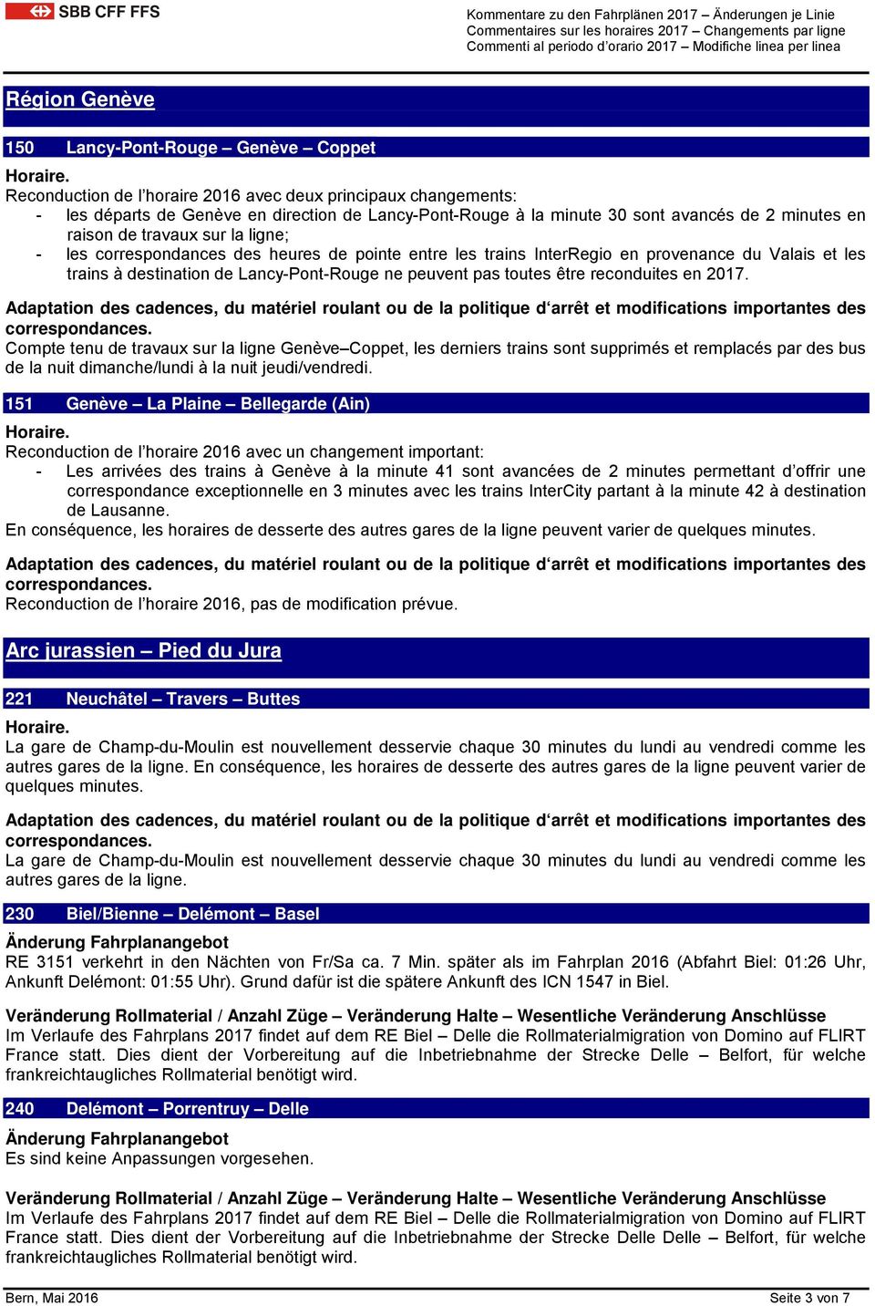 les correspondances des heures de pointe entre les trains InterRegio en provenance du Valais et les trains à destination de Lancy-Pont-Rouge ne peuvent pas toutes être reconduites en 2017.