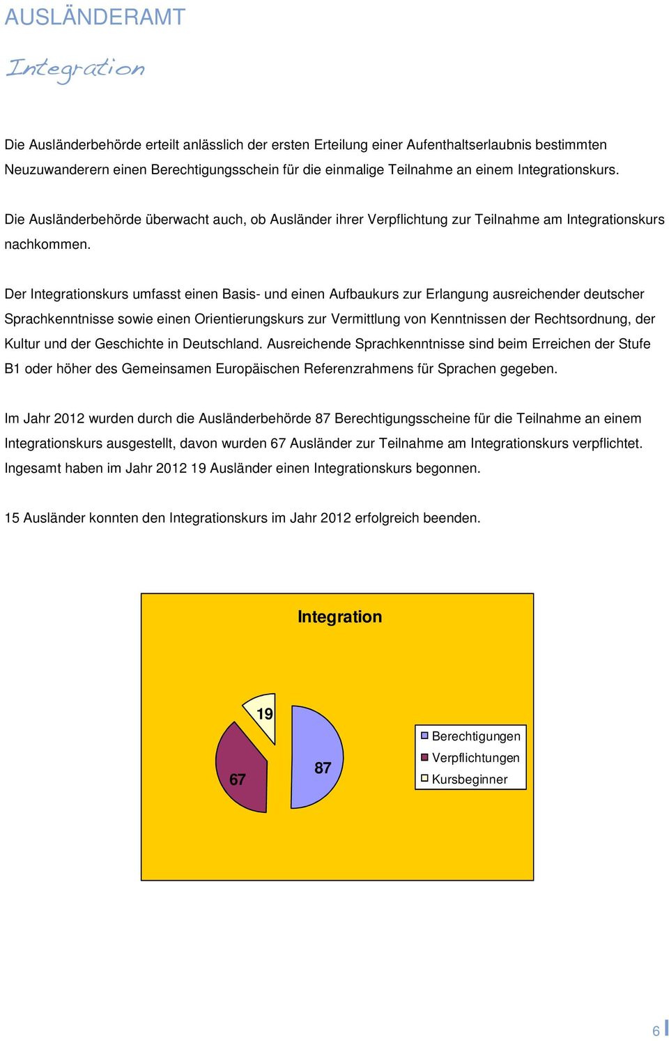 Der Integrationskurs umfasst einen Basis- und einen Aufbaukurs zur Erlangung ausreichender deutscher Sprachkenntnisse sowie einen Orientierungskurs zur Vermittlung von Kenntnissen der Rechtsordnung,