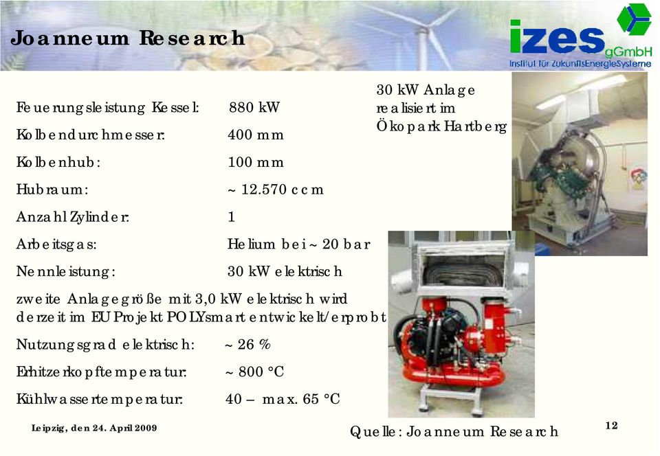 570 ccm Helium bei ~ 20 bar 30 kw elektrisch zweite Anlagegröße mit 3,0 kw elektrisch wird derzeit im EU Projekt