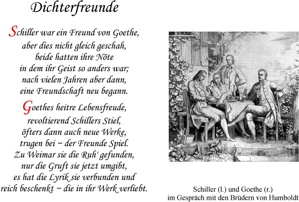 Goethes heitre Lebensfreude, revoltierend Schillers Stiel, öfters dann auch neue Werke, trugen bei ~ der Freunde Spiel.