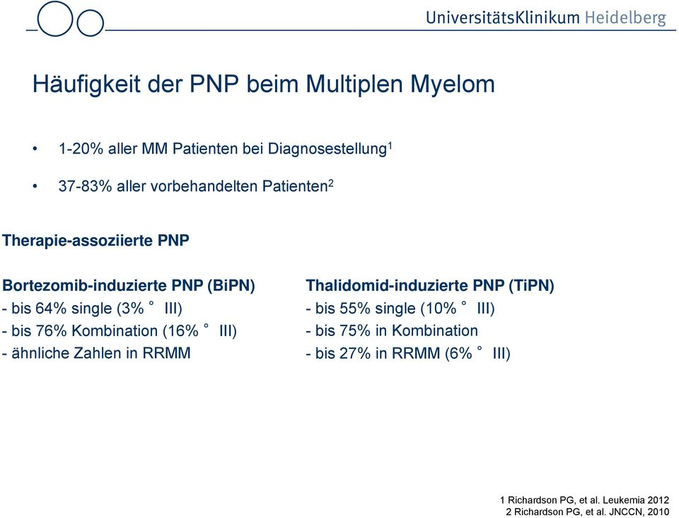 bis 76% Kombination (16% III) - ähnliche Zahlen in RRMM Thalidomid-induzierte PNP (TiPN) - bis 55% single (10%