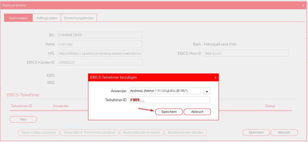 Klicken Sie anschließend im Bereich <EBICS-Teilnehmer> auf <Neu> um Ihre Benutzer zuzuordnen.