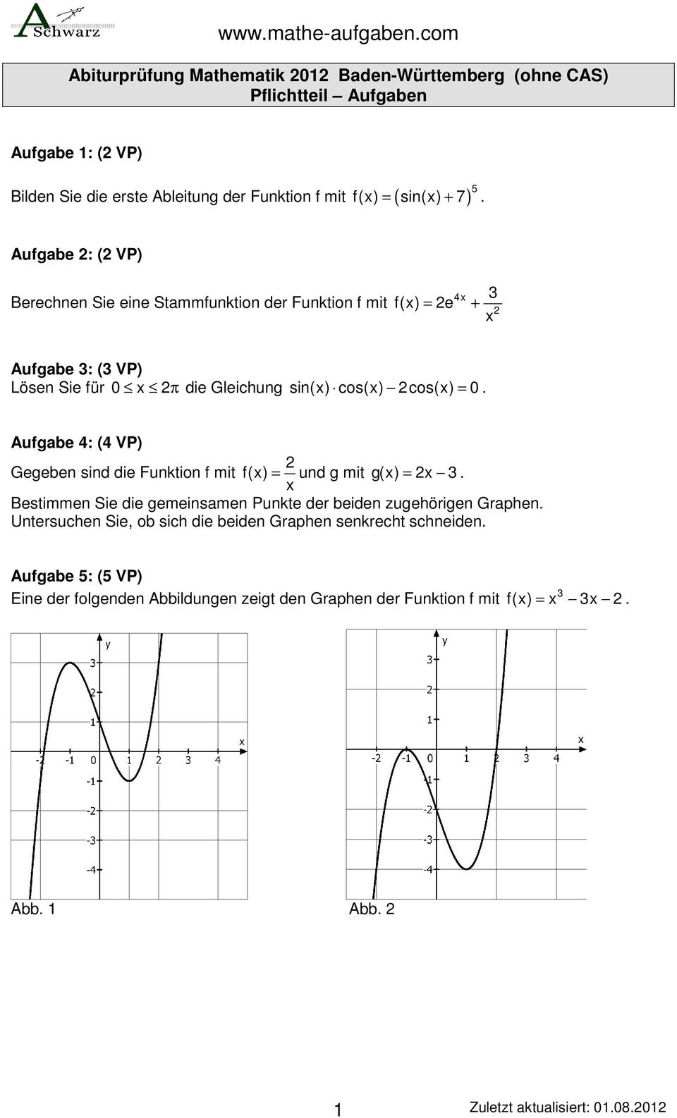 Aufgabe 4: (4 VP) Gegeben sind die Funktion f mit f() = und g mit g() =. Bestimmen Sie die gemeinsamen Punkte der beiden zugehörigen Graphen.
