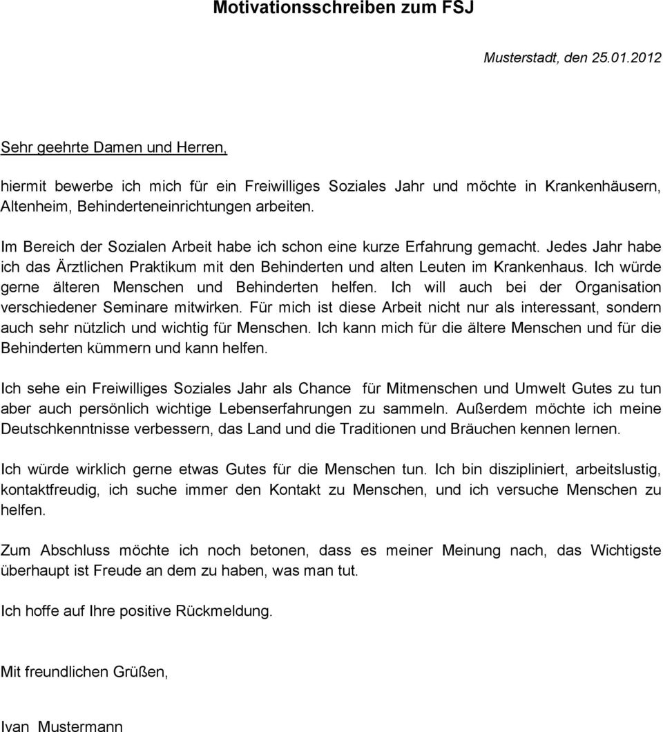Motivationsbrief Fur Bundesfreiwilligendienstprojekt In Jugendherberge In Musterstadt Pdf Kostenfreier Download