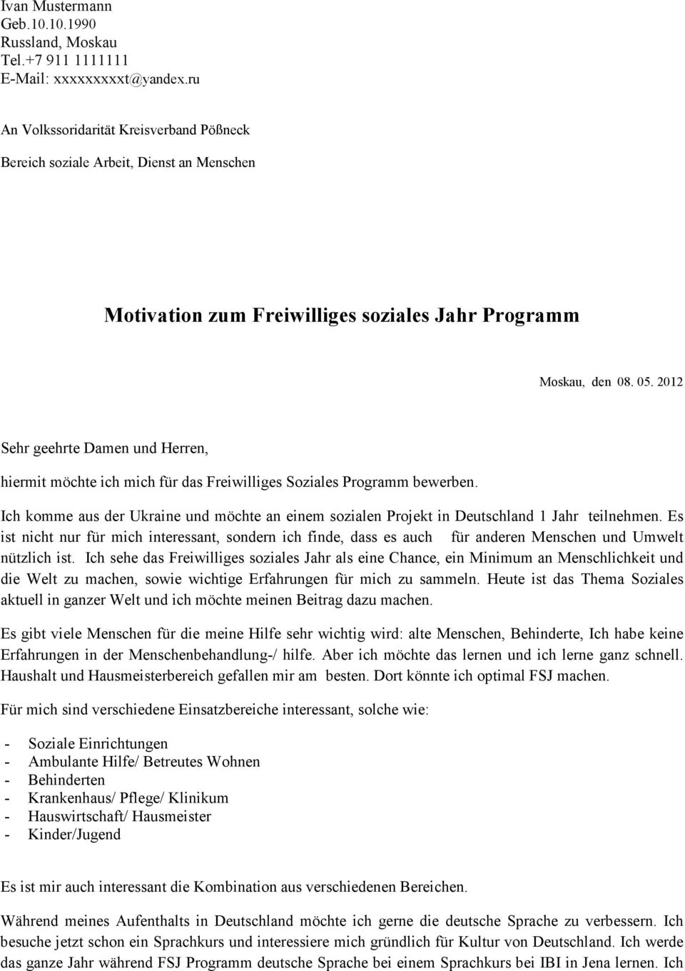 Motivationsbrief Fur Bundesfreiwilligendienstprojekt In Jugendherberge In Musterstadt Pdf Kostenfreier Download
