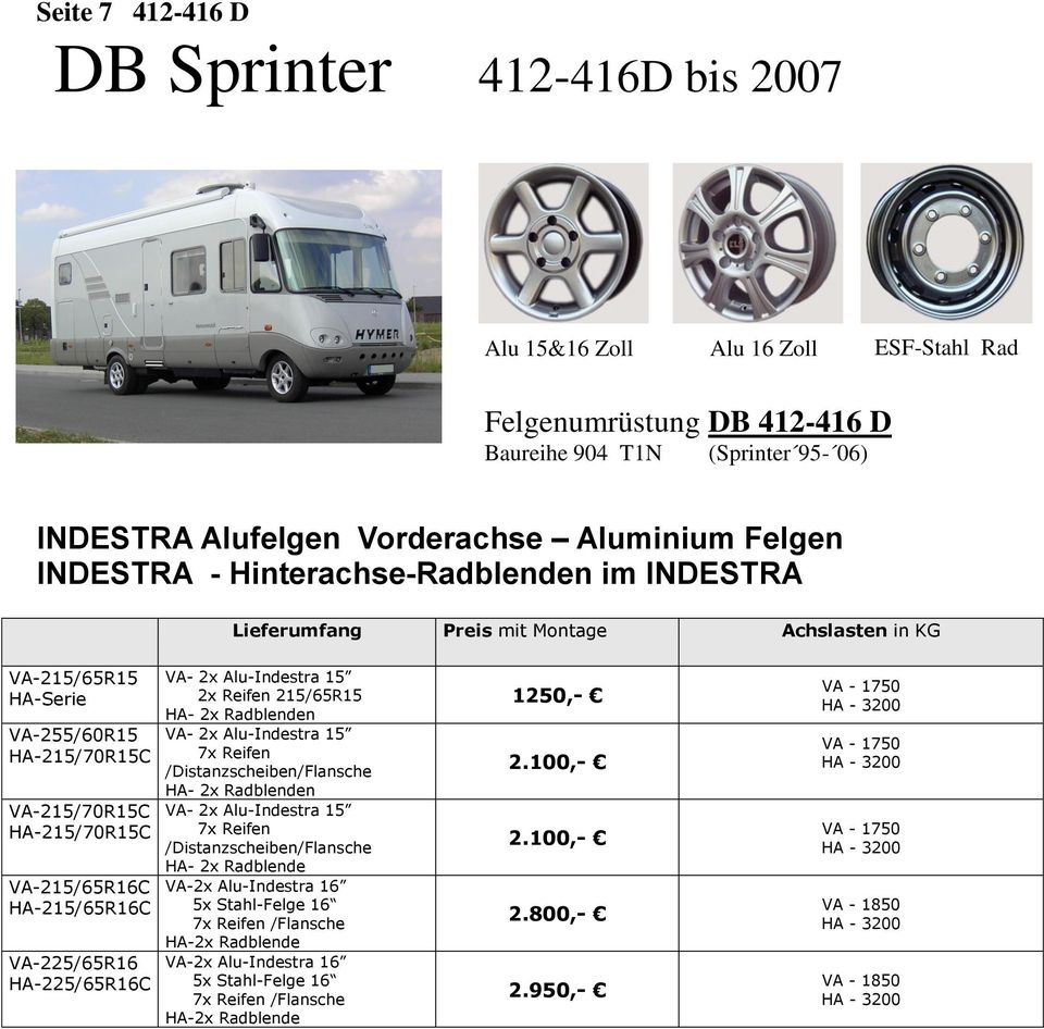 HA-225/65R16C VA- 2x Alu-Indestra 15 2x Reifen 215/65R15 HA- 2x Radblenden VA- 2x Alu-Indestra 15 7x Reifen /Distanzscheiben/Flansche HA- 2x Radblenden VA- 2x Alu-Indestra 15 7x Reifen