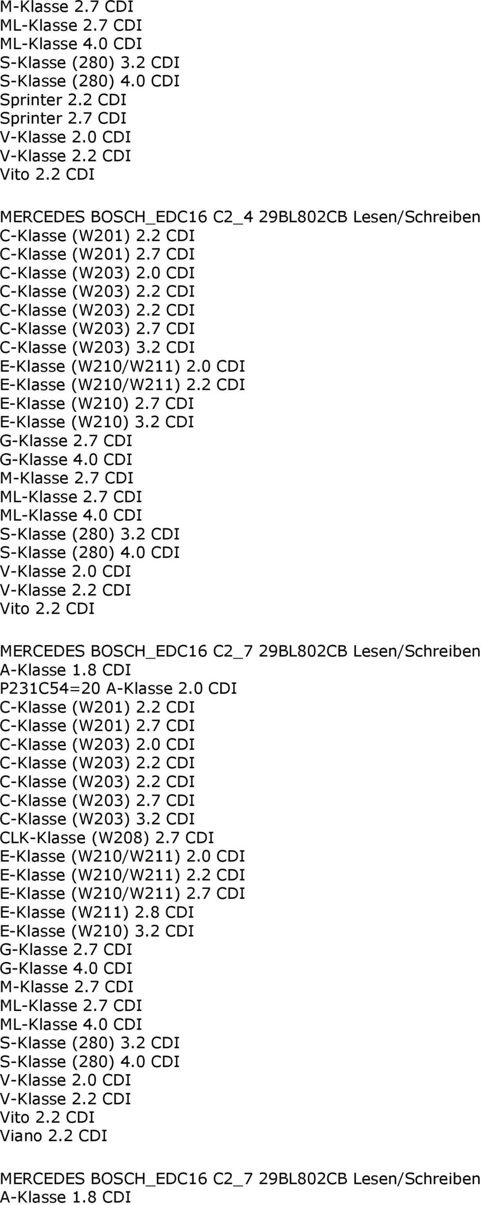 2 CDI E-Klasse (W210/W211) 2.0 CDI E-Klasse (W210/W211) 2.2 CDI E-Klasse (W210) 2.7 CDI E-Klasse (W210) 3.2 CDI G-Klasse 2.7 CDI G-Klasse 4.0 CDI M-Klasse 2.7 CDI ML-Klasse 2.7 CDI ML-Klasse 4.