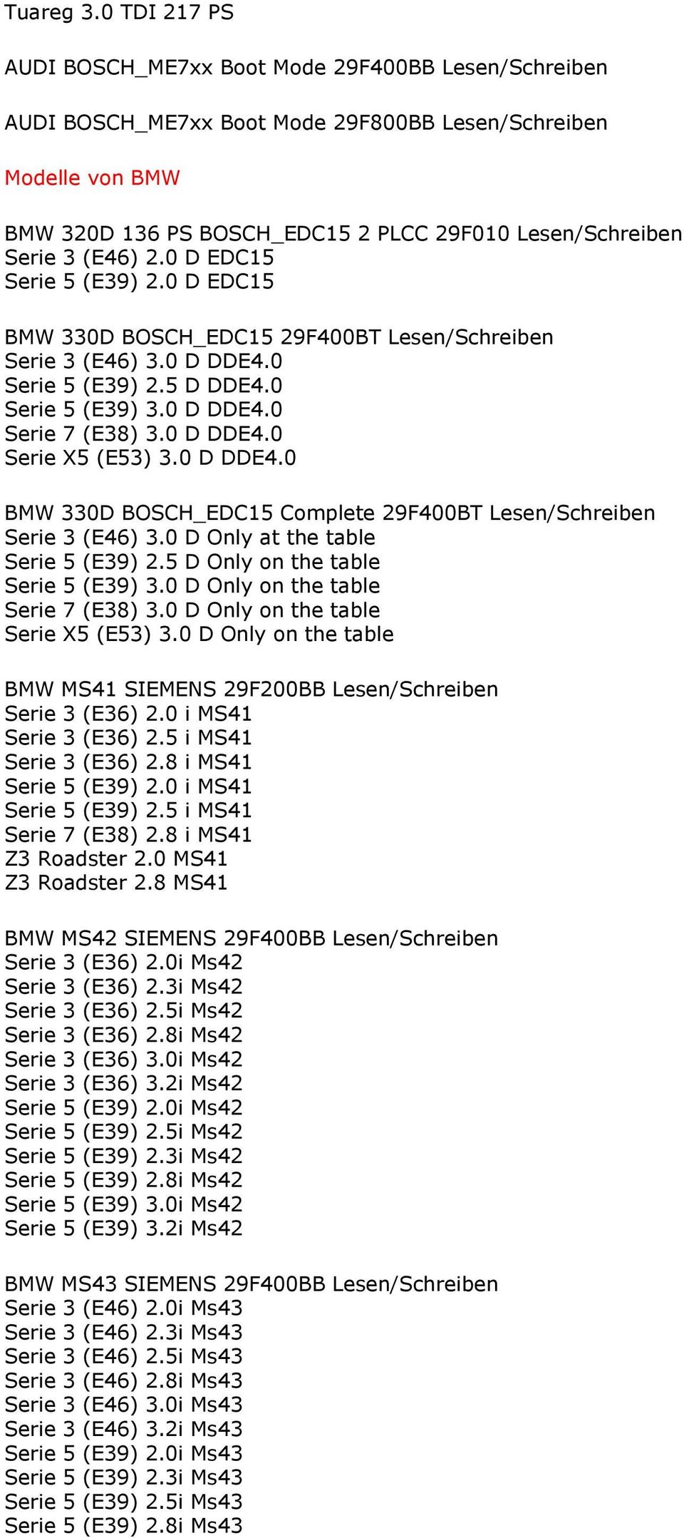 (E46) 2.0 D EDC15 Serie 5 (E39) 2.0 D EDC15 BMW 330D BOSCH_EDC15 29F400BT Lesen/Schreiben Serie 3 (E46) 3.0 D DDE4.0 Serie 5 (E39) 2.5 D DDE4.0 Serie 5 (E39) 3.0 D DDE4.0 Serie 7 (E38) 3.0 D DDE4.0 Serie X5 (E53) 3.