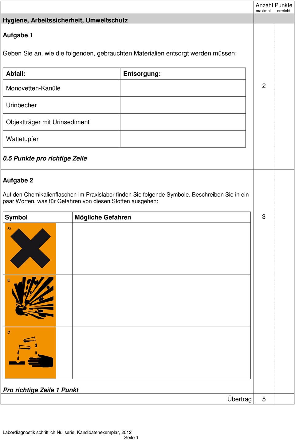 5 Punkte pro richtige Zeile Aufgabe Auf den Chemikalienflaschen im Praxislabor finden Sie folgende Symbole.