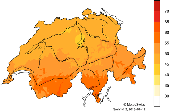 MeteoSchweiz Klimabulletin Jahr 2015 7 Temperatur, Niederschlag und Sonnenscheindauer im Jahr 2015 Messwerte absolut Abweichungen zur Norm Jahresmitteltemperaturen ( C) Abweichung der