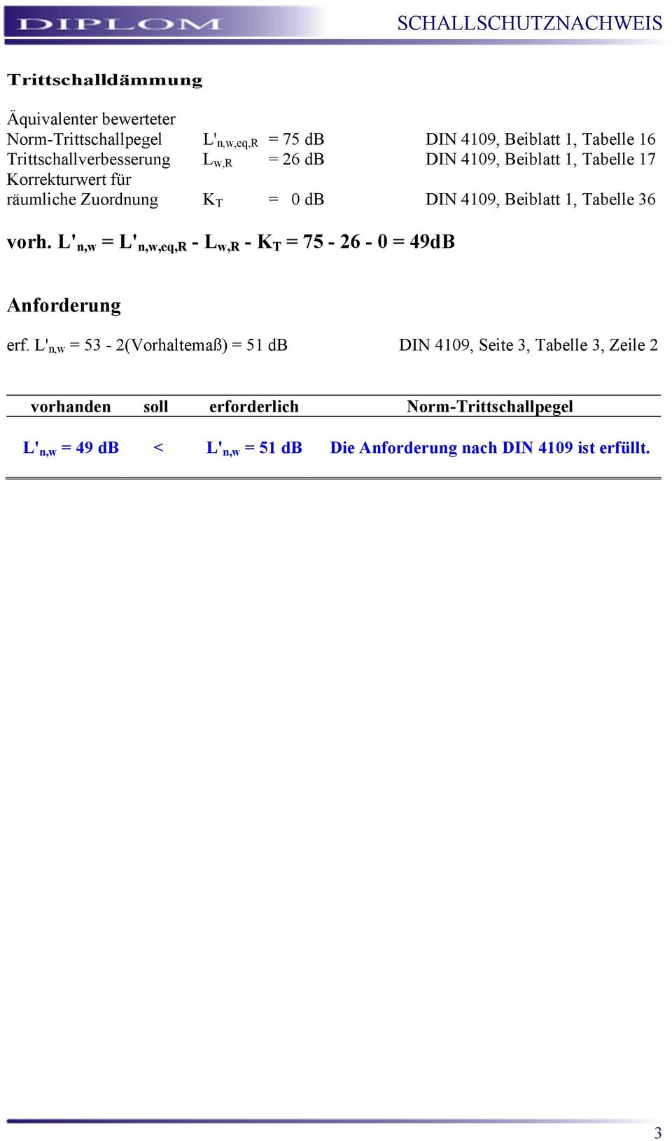 Beiblatt 1, Tabelle 36 vorh. L' n,w = L' n,w,eq,r - L w,r - K T = 75-26 - 0 = 49dB erf.