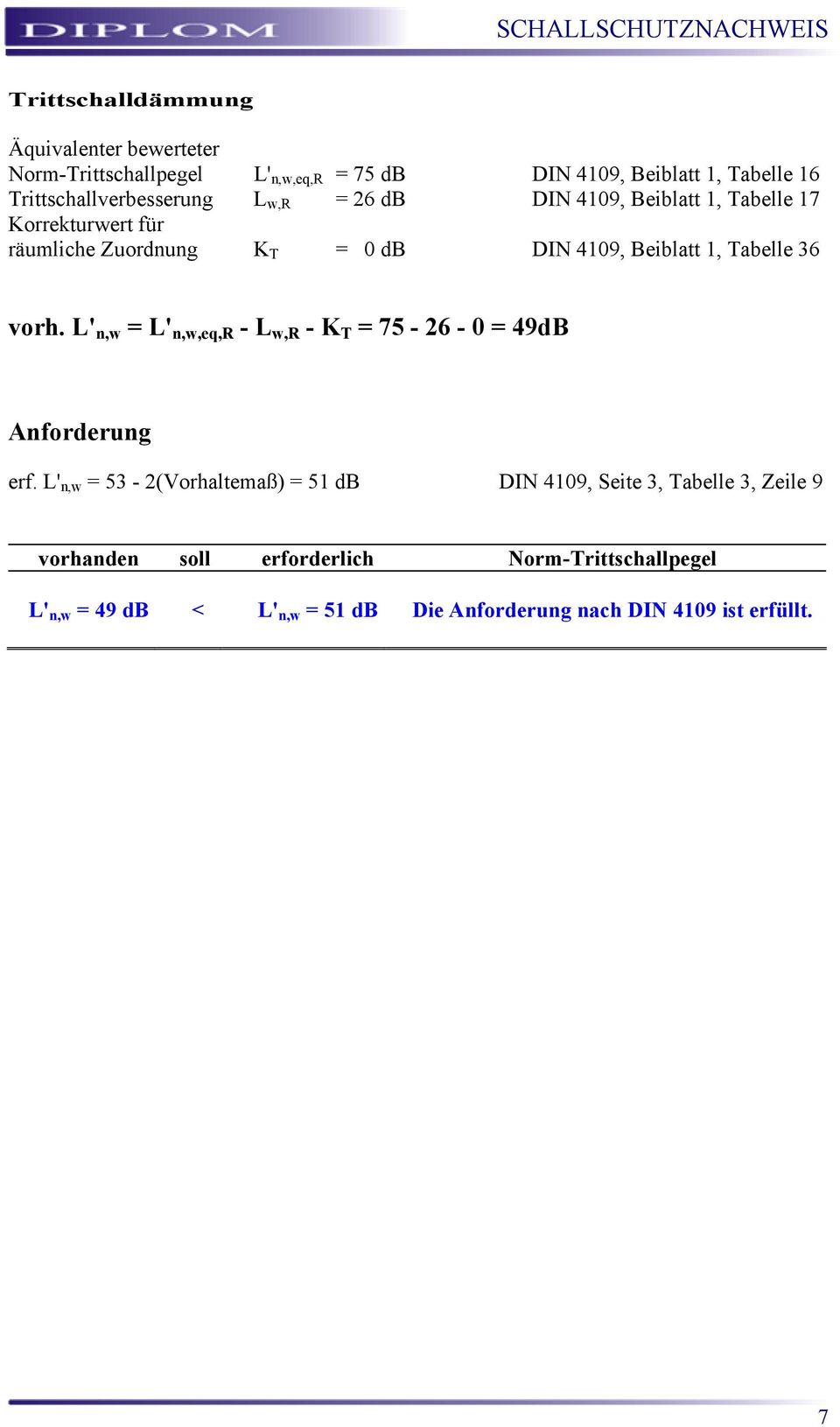 Beiblatt 1, Tabelle 36 vorh. L' n,w = L' n,w,eq,r - L w,r - K T = 75-26 - 0 = 49dB erf.