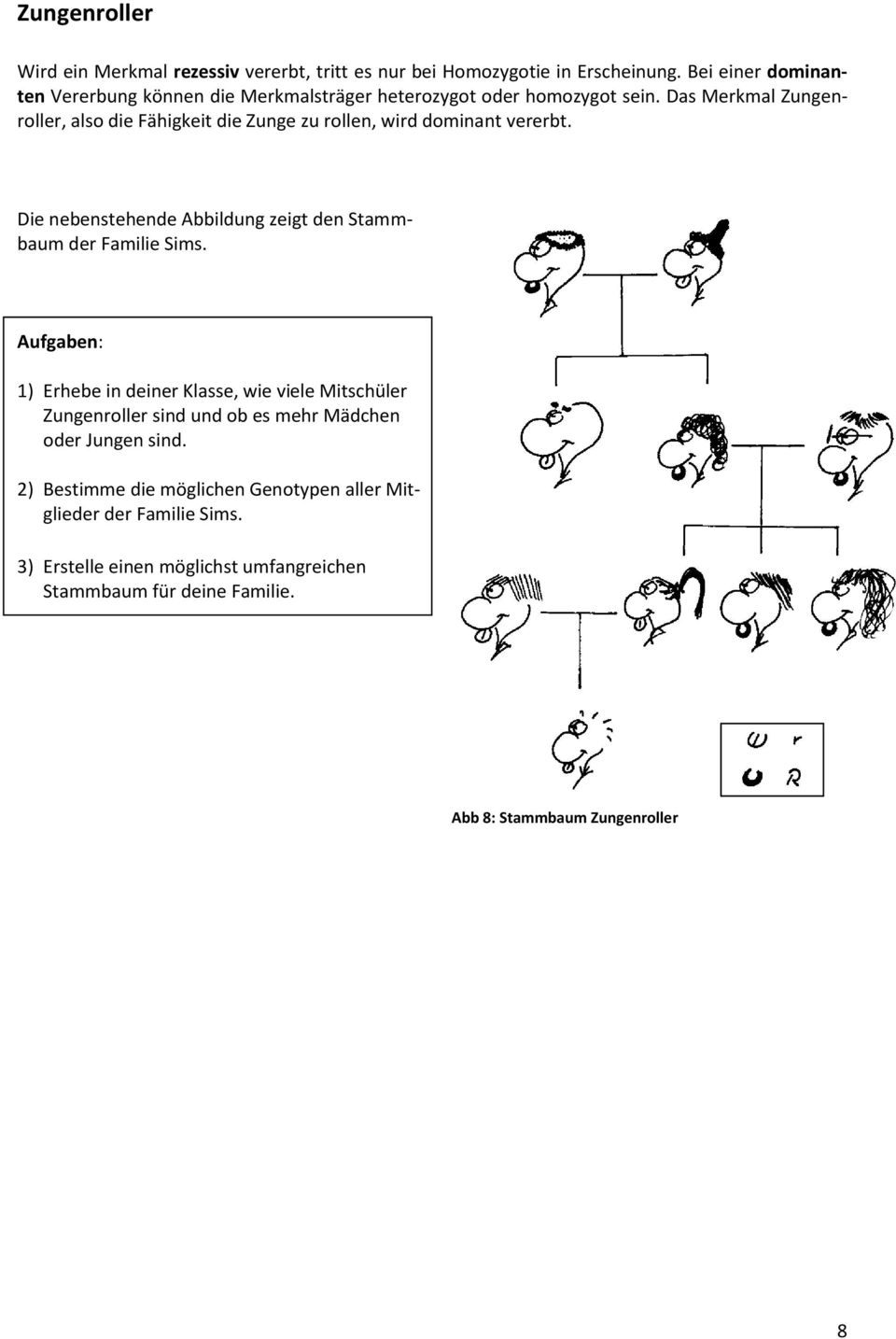 Das Merkmal Zungenroller, also die Fähigkeit die Zunge zu rollen, wird dominant vererbt. Die nebenstehende Abbildung zeigt den Stammbaum der Familie Sims.