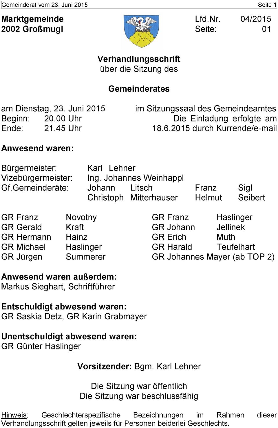 2015 durch Kurrende/e-mail Anwesend waren: Bürgermeister: Karl Lehner Vizebürgermeister: Ing. Johannes Weinhappl Gf.