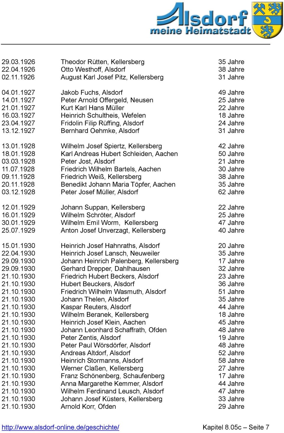 1927 Fridolin Filip Rüffing, Alsdorf 24 Jahre 13.12.1927 Bernhard Oehmke, Alsdorf 31 Jahre 13.01.1928 Wilhelm Josef Spiertz, Kellersberg 42 Jahre 18.01.1928 Karl Andreas Hubert Schleiden, Aachen 50 Jahre 03.