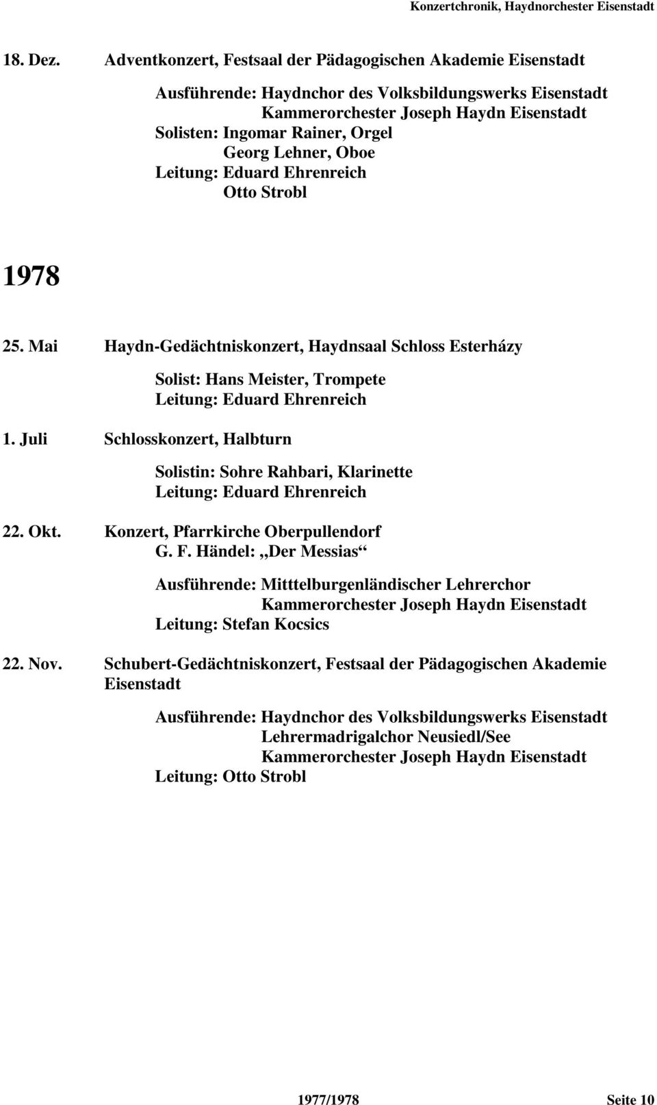 Strobl 1978 25. Mai Haydn-Gedächtniskonzert, Haydnsaal Schloss Esterházy Solist: Hans Meister, Trompete 1. Juli Schlosskonzert, Halbturn Solistin: Sohre Rahbari, Klarinette 22.