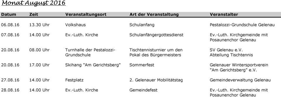 08.16 17.00 Uhr Skihang "Am Gerichtsberg" Sommerfest Gelenauer Wintersportverein "Am Gerichtsberg" e.v. 27.08.16 14.00 Uhr Festplatz 2.