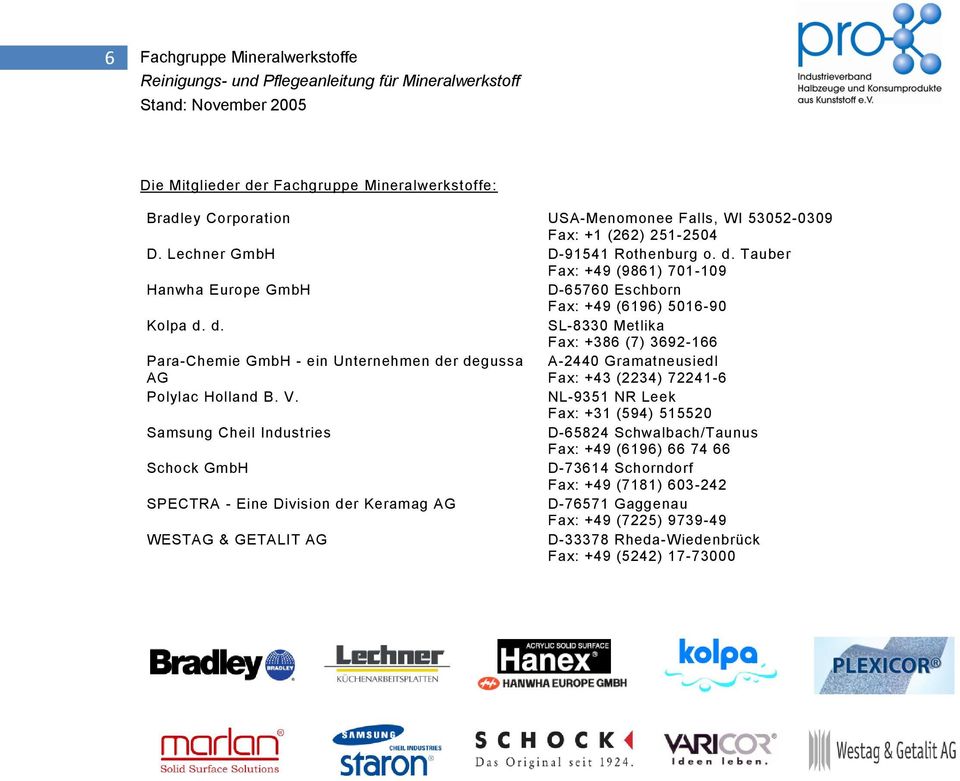 NL-9351 NR Leek Fax: +31 (594) 515520 Samsung Cheil Industries D-65824 Schwalbach/Taunus Fax: +49 (6196) 66 74 66 Schock GmbH D-73614 Schorndorf Fax: +49 (7181) 603-242 SPECTRA - Eine
