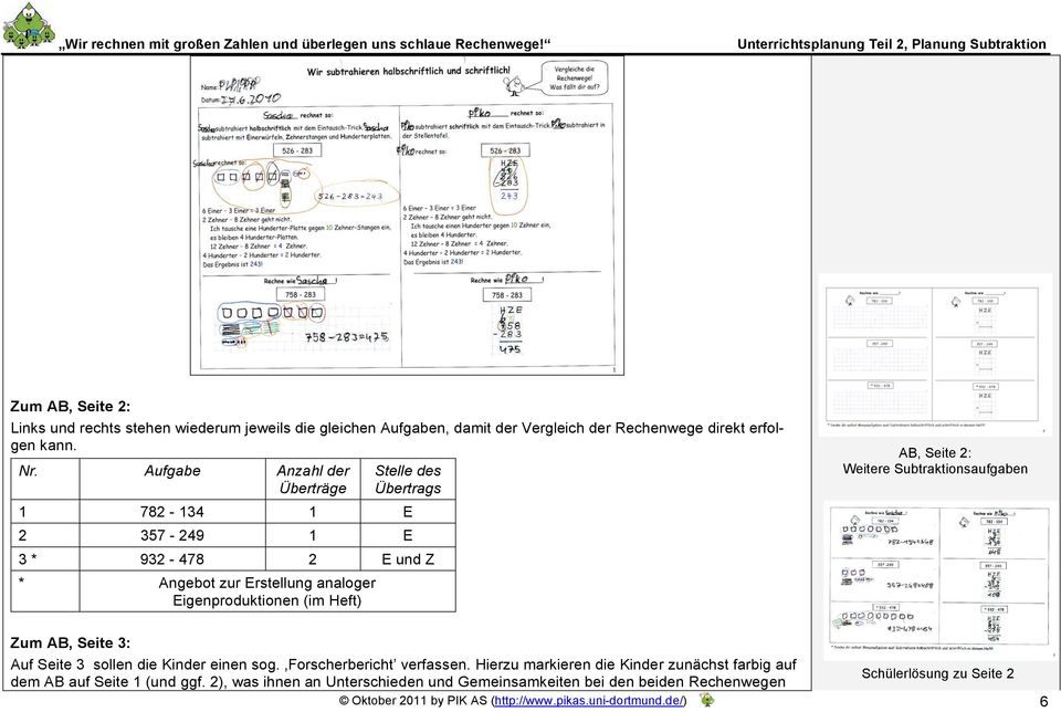 Seite 2: Weitere Subtraktionsaufgaben Zum AB, Seite 3: Auf Seite 3 sollen die Kinder einen sog. Forscherbericht verfassen.