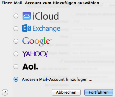Account hinzufügen Bei der Wahl des E-Mail-Accounts wählen Sie bitte Anderen Mail-Account hinzufügen und klicken auf Fortfahren.