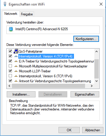 Eigenschaften von WiFi Sie sind nun in den Eigenschaften der Drahtlosnetzwerkverbindung. Entfernen Sie den Haken beim Punkt Internetprotokoll Version 6 (TCP/IPv6).