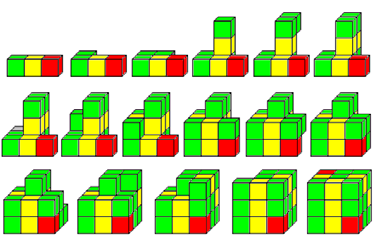 Schlangenwürfel Flache Anordnung Vorderansicht im Mittelschnitt Lösung in 18 Schritten 2x rote Rote Würfel = =