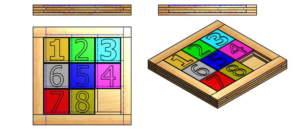 Schiebepuzzle vereinfachte Variante Bei Variante 2 bestehen die Schiebeteile jeweils aus drei gleich großen Quadraten. So brauchen keine kleinen Zapfen in die Nuten eingesetzt werden.