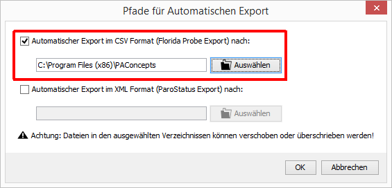 Automatischen Export einstellen Starten Sie nun PA-Konzepte. Wählen Sie aus dem Menü den Befehl Administration > Pfad für automatischen Export ändern aus.